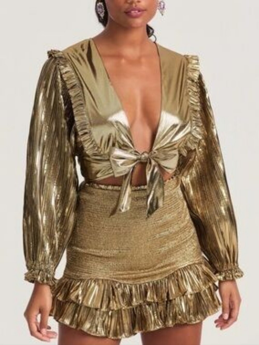 LoveShackFancy Missy Shine Crop Top & Nolita Skirt Set Metallic Gold Sz M